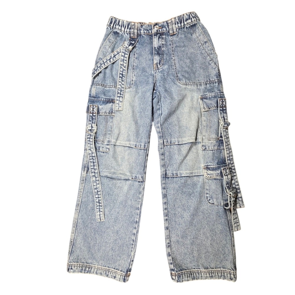 J For Justify Jeans Womens 7 Y2K Cargo Baggy Acid Wash Buckle Strap Wide Leg